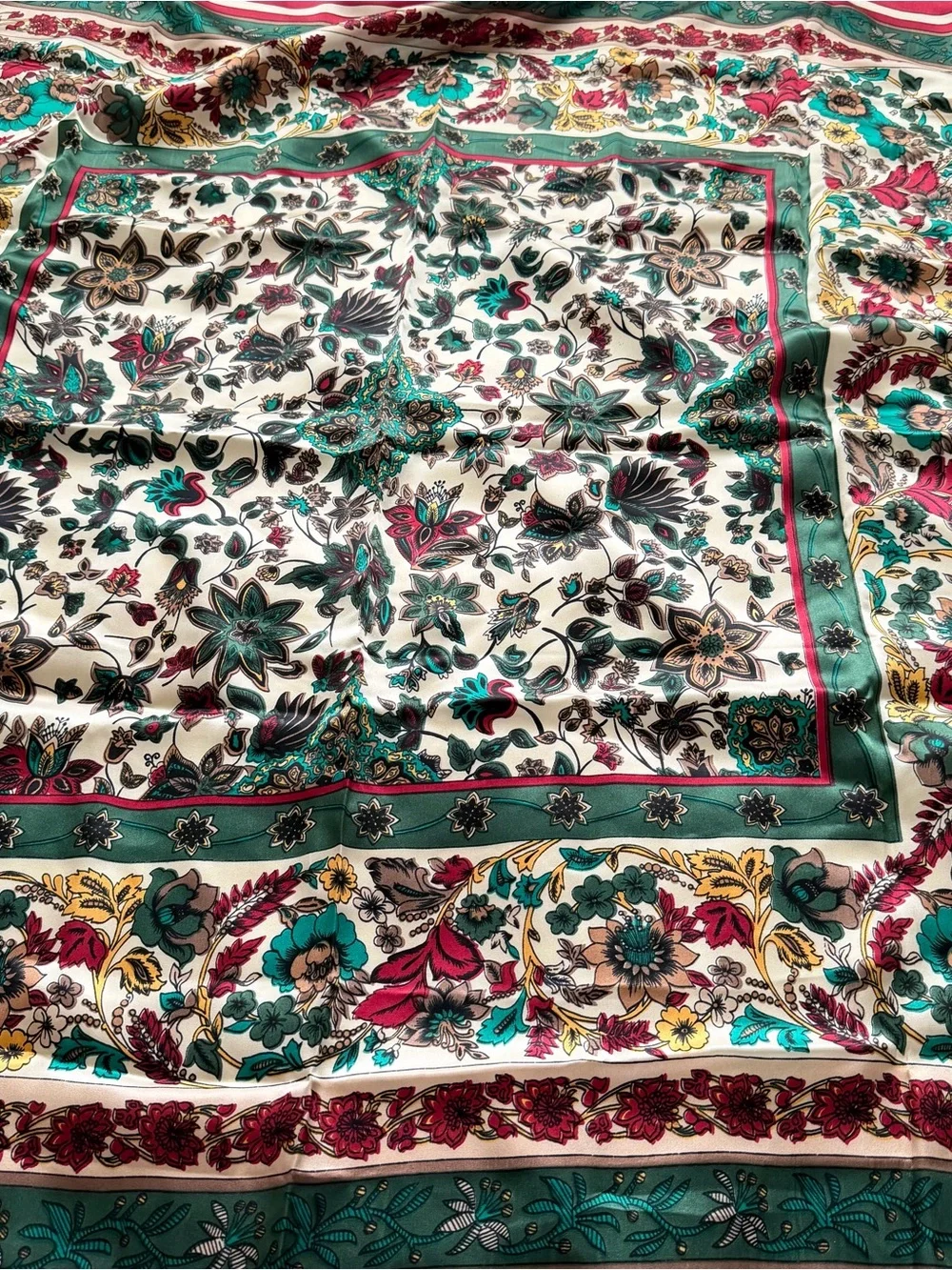 Vintage 41” Floral Silk Scarf Square Pink Green  Neck Hair Wrap Boho